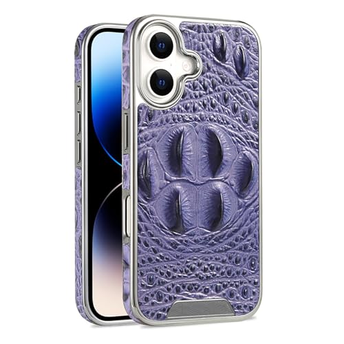 Generisch Echtleder hülle für iPhone 16 Pro Max/16 Pro/16 Plus/16, schlanke Luxus-Business-Hülle mit 3D-Krokodilkrallenmuster und Plating-Rahmen (16, Lila) von Generisch