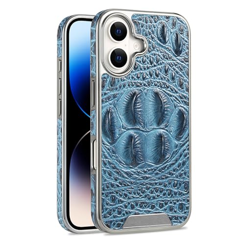 Generisch Echtleder hülle für iPhone 16 Pro Max/16 Pro/16 Plus/16, schlanke Luxus-Business-Hülle mit 3D-Krokodilkrallenmuster und Plating-Rahmen (16 Plus, Blau) von Generisch