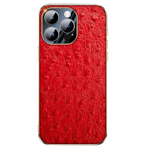 Generisch Echtlederhülle für iPhone 16/16 Pro/16 Pro Max, Vollflächige Linsenschutzhülle Schlanke Luxushülle mit galvanisiertem Straußenmuster von Generisch