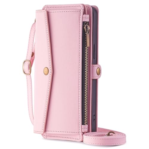 Generisch Hülle für iPhone 16/16 Pro/16 Plus/16 Pro Max, Leder-Flip-Kartenhalter-Hülle, tragbare Handyhülle mit Umhängegurt (Pink, 16 Plus) von Generisch