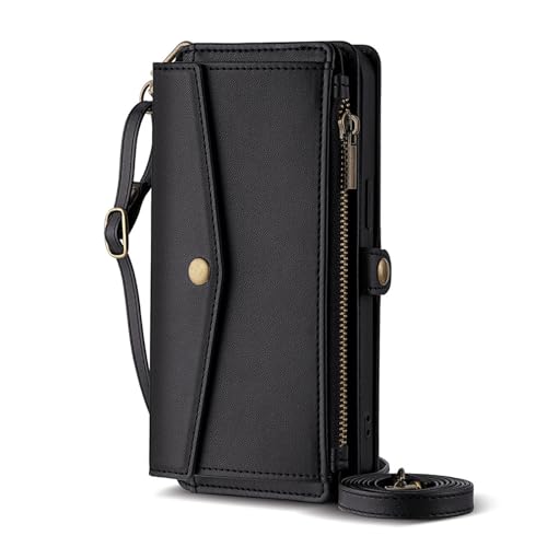 Generisch Hülle für iPhone 16/16 Pro/16 Plus/16 Pro Max, Leder-Flip-Kartenhalter-Hülle, tragbare Handyhülle mit Umhängegurt (Schwarz, 16 Pro Max) von Generisch
