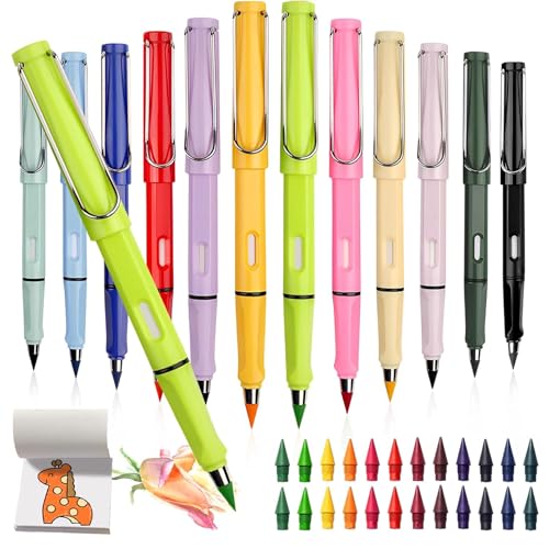 Generisch Swify Zauberbuntstifte mit Radiergummi, 12 Stück Swify Bleistift, Tintenlose Swify Zauber-Bleistift, Everlasting Pencil Mit 12/24 Austauschbarem (12 Stifte + 24 Stiftspitzen, 1 Set) von Generisch