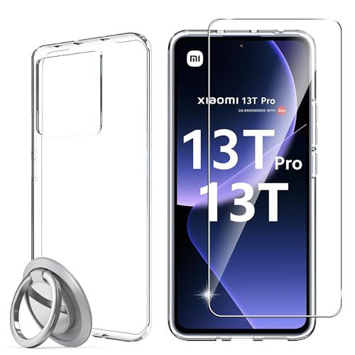 Generisch zZjoOoj Hülle für Xiaomi 13T/13T Pro Handyhülle,mit 1 Stück Panzerfolie Schutzfolie+360 Grad Ring Halter,Weiche Silikon Schutzhülle Handy Case-Transparente von Generisch