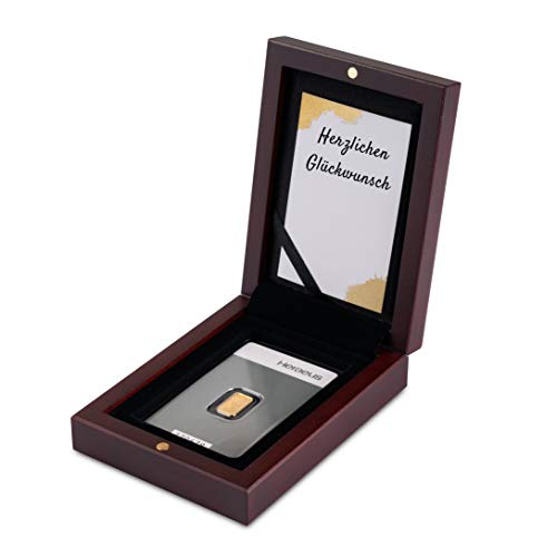 Goldbarren 1g Heraeus im edlen Geschenk-Etui mit Grußkarte - Mahagoni - Feingold 999,9 (1g Gold Glückwunsch) von Generisch