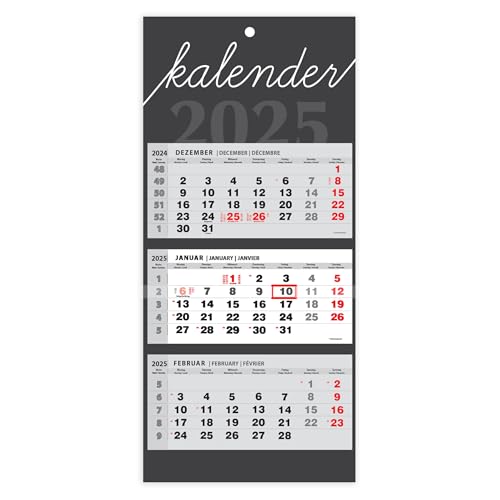 JAROGRAF Wandkalender 2025 – 3-Monats-Kalender mit praktischem Wandplaner für effiziente Jahresplanung, Feiertage, Schulferien und wichtige Termine (Grau) Dreimonatskalender von Generisch