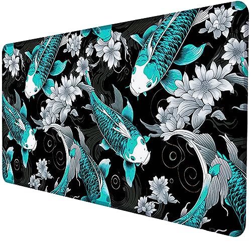 KOI Fische #3 - XXL MAUSPAD - 900 x 400 mm Speed Gaming Mousepad - vernähte Kanten, rutschfeste Gummiunterlage, Wasserabweisend - viele Verschiedene Designs (Blau) von Generisch