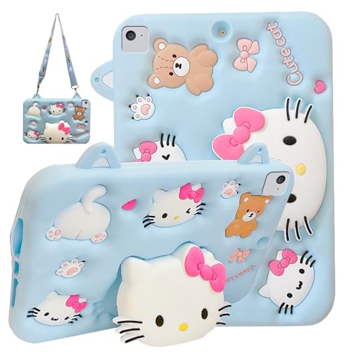Kinder-Schutzhülle für iPad 9,7 Zoll 2018/2017 (6./5. Generation)/iPad Pro 9,7/iPad Air 2/Air 1, leicht, stoßfest, niedliche Katze, mit Ständer und Schultergurt, Blau von Generic