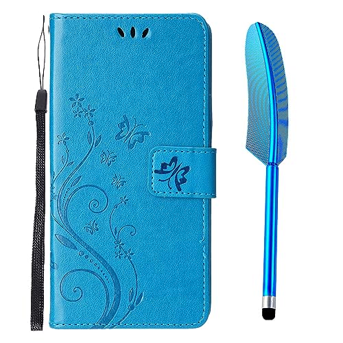 Kompatibel mit iPhone 15 Hülle, PU Leder Schmetterling Blume Geprägt Brieftasche Handyhülle Magnetverschluss Kartenfach Klapphülle Schutzhülle - Blau von Generisch