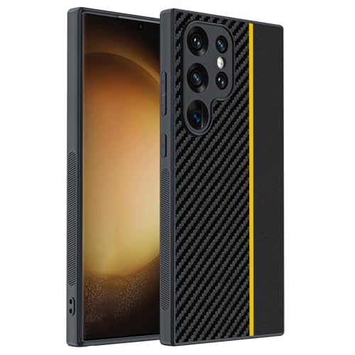 Leder hülle für Samsung Galaxy S25 Ultra/S25 Plus/S25, modische Rückseite mit Kohlefaserstruktur, ultradünne und sturzsichere Hülle, Gelb, S25 von Generisch