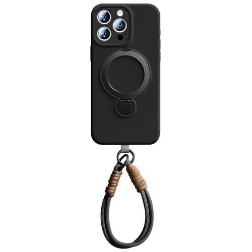 Magnetische Hülle Für iPhone 16/16 Pro/16 Plus/16 Pro Max, Weiche Schutzhülle Mit Handgelenkschlaufe Aus Echtem Flüssigsilikon Mit Drehbarer Ringlinsen-Schutzschale,16,Black von Generisch