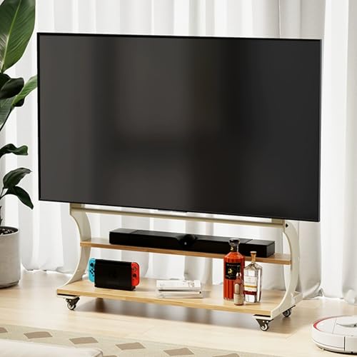 Mobiler TV-Ständer auf Rädern, rollender TV-Wagen aus Massivholz für 50-120 Zoll Fernseher, tragbarer verstellbarer Universal-TV-Ständer mit doppellagiger Aufbewahrung (natürliches Finish) von Generisch