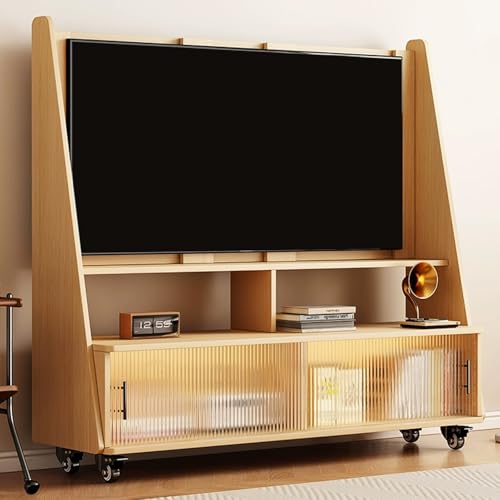 Mobiler rollbarer TV-Ständer auf Rädern, verstellbare Höhe und Winkel, tragbarer Boden-TV-Wagen mit Glasaufbewahrung, passend für 63,5 cm - 127 cm (25 - 50 Zoll) Fernseher – modernes natürliches von Generisch