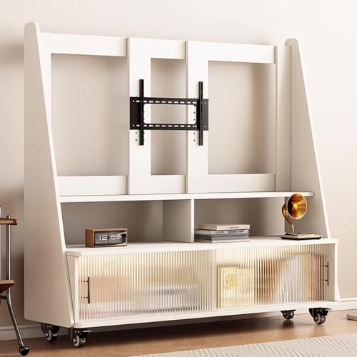 Mobiler rollbarer TV-Ständer mit verstellbarer Höhe und Winkel, tragbarer TV-Wagen auf Rädern für 63,5 - 127 cm (25 - 50 Zoll) große Fernseher, Glasaufbewahrungstür, modernes weißes Design, einfache von Generisch