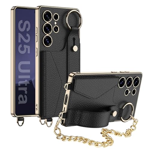 Plating-Hülle Für Samsung Galaxy S23 Ultra/S24 Ultra/S25 Ultra, Crossbody-Hülle Mit Metallkette Aus Leder Mit Kartenschlitz, Handschlaufe, Anti-Fall-Hüllen,S23Ultra,Black Plating-Hülle Für Samsung Galaxy S23 Ultra/S24 Ultra/S25 Ultra, Crossbody-Hülle Mit Metallkette Aus Leder Mit Kartenschlitz, Handschlaufe, Anti-Fall-Hüllen,S23Ultra,Black von Generisch