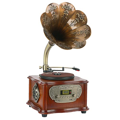 Plattenspieler Plattenspieler Retro Phonograph mit Bluetooth-Lautsprecher, Kupferhorn, eingebautem Lautsprecher, 3,5 mm Aux-In, USB, FM-Radio Plattenspieler Plattenspieler Retro Phonograph mit Bluetooth-Lautsprecher, Kupferhorn, eingebautem Lautsprecher, 3,5 mm Aux-In, USB, FM-Radio von Generisch