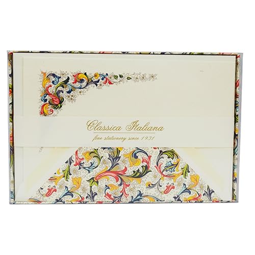 Rossi - 10er Design Briefkarten Set inkl. Briefbox „Florentiner Trad.“ aus Italien 10 Bögen aus Schreibpapier & DIN B6 Brief-Kuvert - Brief Umschläge & Briefpapier mit Blumen-Muster & Goldprägung von Generisch