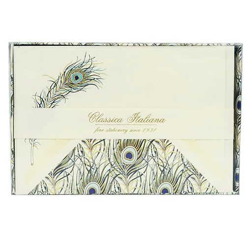 Generisch Rossi - 10er Design Briefkarten Set inkl. Briefbox „Pfauenfeder“ aus Italien 10 Bögen aus Schreibpapier & DIN B6 Brief-Kuvert - Schöne edle Brief Umschläge & Briefpapier (mit Goldprägung) von Generisch