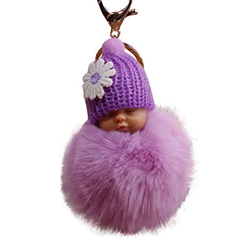Schlüsselanhänger Damen Herren Charm Baby Cute Pompom Ketten schlafender Schlüsselanhänger Schlüsselanhänger Schlüsselanhänger Geflochten Gelb (Purple, One Size) von Generisch
