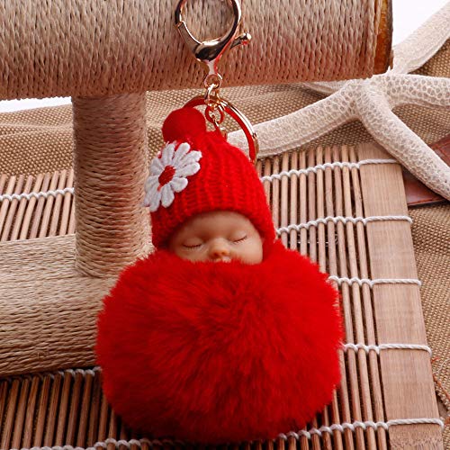 Schlüsselanhänger Damen Herren Charm Baby Cute Pompom Ketten schlafender Schlüsselanhänger Schlüsselanhänger Schlüsselanhänger Geflochten Gelb (Red, One Size) von Generisch