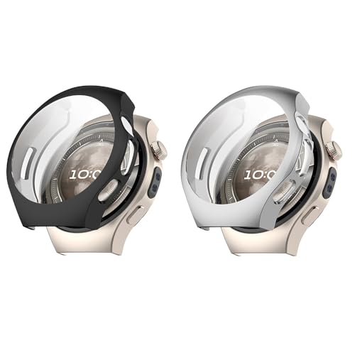 Schutzhülle kompatibel mit Huawei Watch 5, 42 mm, mit Displayschutzfolie, flexibel, TPU, stoßfest, kratzfest, für Huawei Watch 5, 42 mm (Schwarz/Silber), 2 Stück von Generisch