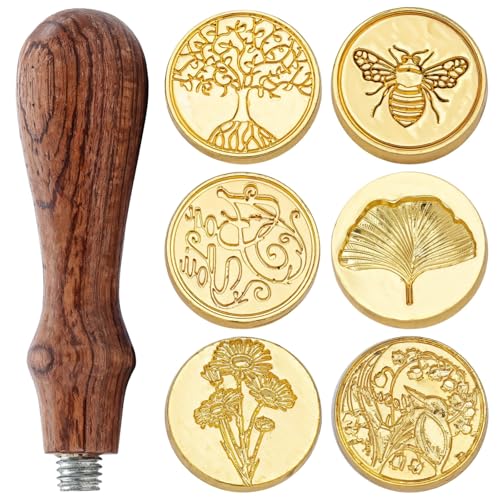 Wachssiegel-Stempel-Set mit 6 Stempelköpfen aus Legierung und Holzgriff, verschiedene Stempeldesigns für Einladungen, Umschläge und Geschenkverpackungen von Generisch