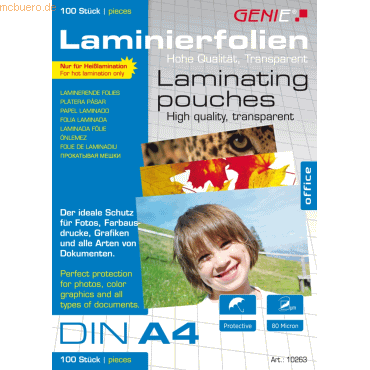 Genie Laminiertaschen A4 80 mic. VE=100 Stück von Genie