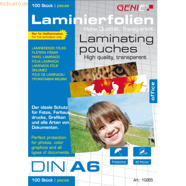 Genie Laminiertaschen A6 80 mic. VE=100 Stück Genie Laminiertaschen A6 80 mic. VE=100 Stück von Genie