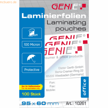 Genie Laminiertaschen Visitenkartengröße 100mic VE=100 Stck Genie Laminiertaschen Visitenkartengröße 100mic VE=100 Stck von Genie