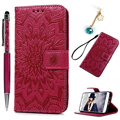 Flip PU Leder Handy hülle für Samsung Galaxy J5 2016 Wallet Cover Stand Case Card Slot Leder Tasche Karteneinschub Magnetverschluß Kratzfestes (Rot Sonnenblume) mit Stylus Stift Staubstecker von Geniric