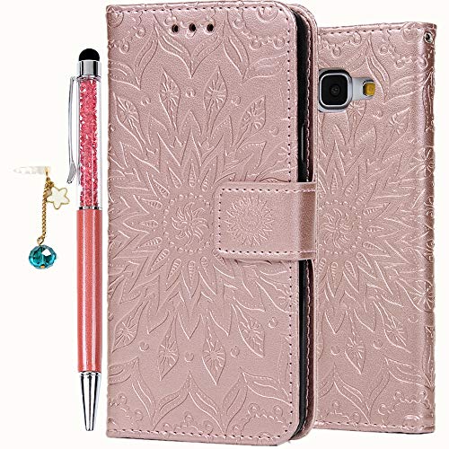 Geniric Flip Handy Hülle für Samsung Galaxy A5 2016 Leder Wallet Cover Stand Case Card Slot Tasche Karteneinschub Magnetverschluß Kratzfestes in Rot Gold Sonnenblume mit Stylus Stift Staubstecker von Geniric