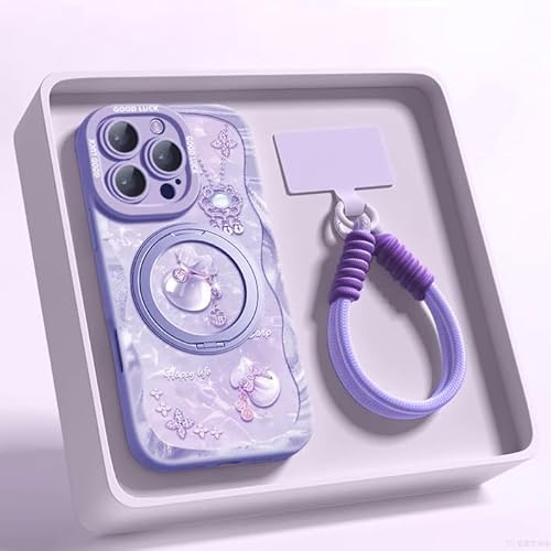 Genmoral Schutzhülle für iPhone 16, 15,5 cm (6,1 Zoll), Blumenmuster, Glücksbringer, mit Ringständer und Umhängeband, stoßfest, kratzfest, TPU, für Damen und Mädchen, Violett von Genmoral