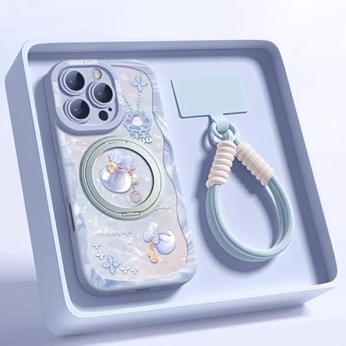 Genmoral Schutzhülle für iPhone 16 Pro, 15,5 cm (6,1 Zoll), Blumenmuster, Glücksbringer, mit Ringständer und Umhängeband, stoßfest, kratzfest, TPU, für Damen und Mädchen, Hellblau von Genmoral