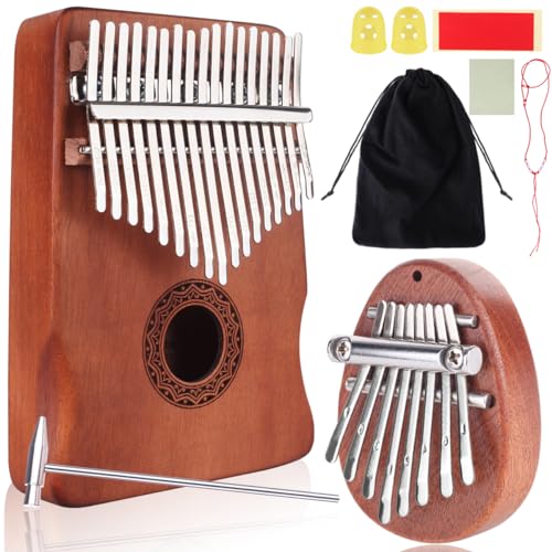 Genround Kalimba Daumenklavier & Fingerinstrument Bundle, 17 Tasten & 8 Tasten Klavier mit Lernanleitung für Anfänger, tragbares Daumenklavier Geschenk für Kinder und Erwachsene, inklusive Stimmhammer von Genround