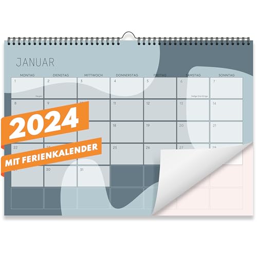 Kalender 2024 Wandkalender (Monatskalender im A4 Querformat) - Monatskalender 2024 für das ganze Jahr von Januar bis Dezember mit Ferienübersicht - Ideal als Paarkalender oder Familienplaner von Gentle North