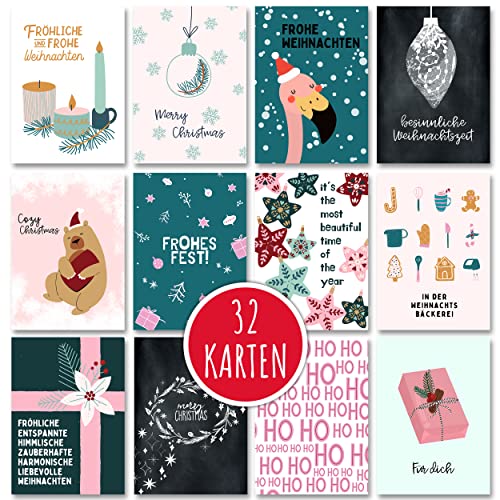 Weihnachtskarten Set (32 Stück) mit unterschiedlichen Motiven - A6 Postkarten für Weihnachten - Eine Christmas Postkarte für jeden deiner Liebsten - Coole Weihnachtspostkarten mit und ohne Sprüche von Gentle North