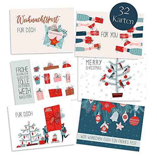 Weihnachtskarten Set (32 Stück) mit unterschiedlichen Motiven - A6 Postkarten für Weihnachten - Eine Christmas Postkarte für jeden deiner Liebsten - Coole Weihnachtspostkarten mit und ohne Sprüche von Gentle North