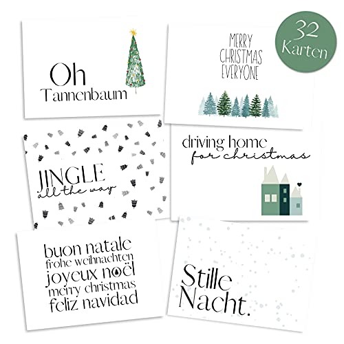 Weihnachtskarten Set (32 Stück) mit unterschiedlichen Motiven - A6 Postkarten für Weihnachten - Eine Christmas Postkarte für jeden deiner Liebsten - Coole Weihnachtspostkarten mit und ohne Sprüche von Gentle North