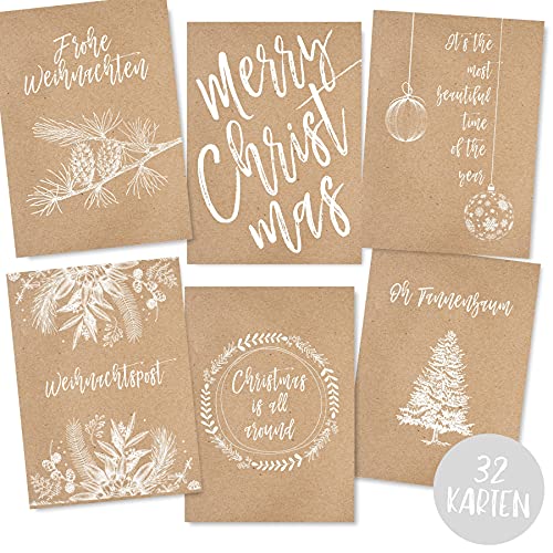 Weihnachtskarten Set (32 Stück) mit unterschiedlichen Motiven - A6 für Weihnachten - Eine Christmas Postkarte für jeden deiner Liebsten - Coole Weihnachtspostkarten mit und ohne Sprüche von Gentle North
