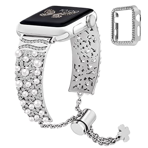 GerbGorb Apple Watch Armband Damen Kompatibel mit Apple Watch 38mm mit Schutzhülle Edelstahl Metall Ersatzarmband mit Perlen für iWatch Series 3 2 1 für Damen Mädchen Silber von GerbGorb