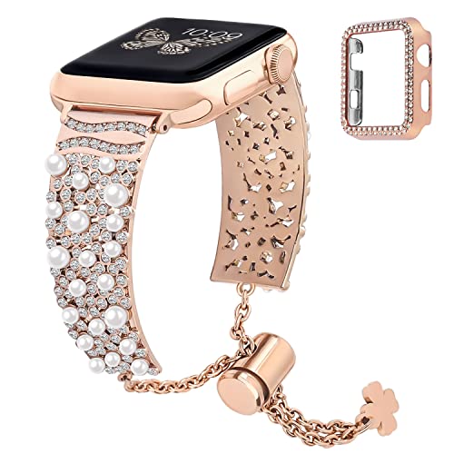 GerbGorb Apple Watch Armband Damen Kompatibel mit Apple Watch 42mm mit Schutzhülle Edelstahl Metall Ersatzarmband mit Perlen für iWatch Series 3 2 1 für Damen Mädchen Gold Roségold von GerbGorb