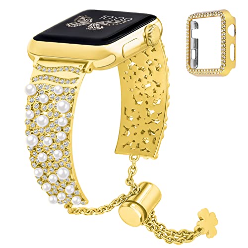 GerbGorb Apple Watch Armband Damen Kompatibel mit Apple Watch 44mm 45mm 49mm mit Schutzhülle Edelstahl Metall Ersatzarmband mit Perlen für iWatch Series 8 7 6 5 4 SE/SE2 für Damen Mädchen Gold von GerbGorb
