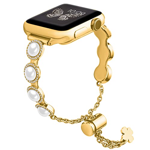 GerbGorb Apple Watch Armband Gold für Apple Watch 38mm 40mm 41mm Edelstahlarmband mit Strasssteinen Perlen Kompatibel mit iWatch Series 8 7 6 5 4 3 2 1 SE SE2 Armband für Damen/Mädchen von GerbGorb