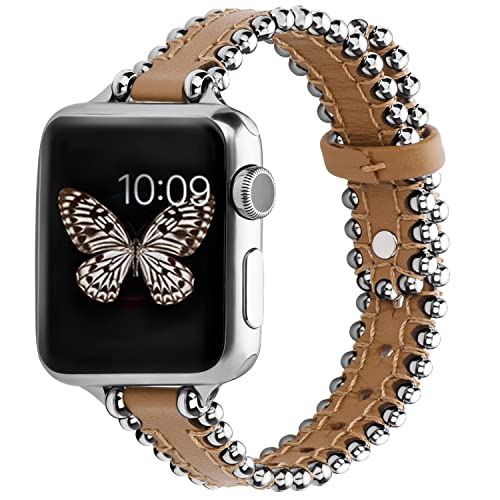 GerbGorb Apple Watch Armband Kompatibel mit Apple Watch 7 8 Armband 41mm,Apple Watch 6 5 4 SE SE2 Armband 40mm und Apple Watch 3 2 1 38mm Lederarmband mit Perlen Frauen Braun/Silber von GerbGorb