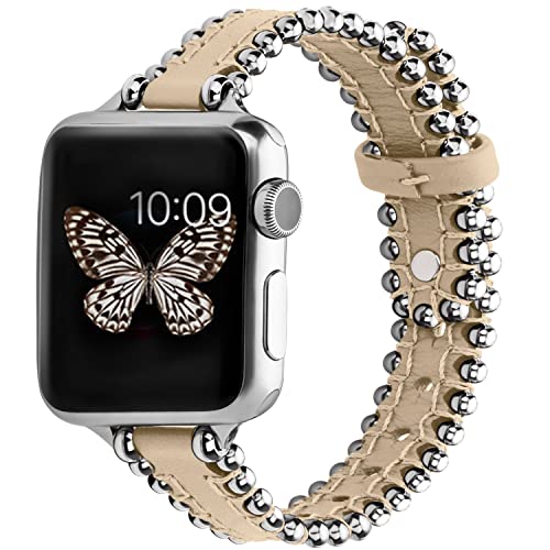 GerbGorb Apple Watch Armband Kompatibel mit Apple Watch 7 8 Armband 41mm,Apple Watch 6 5 4 SE SE2 Armband 40mm und Apple Watch 3 2 1 38mm Lederarmband mit Perlen Frauen Khaki/Silber von GerbGorb