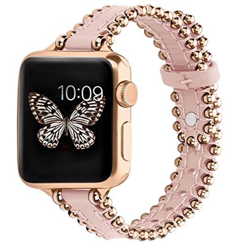 GerbGorb Apple Watch Armband Kompatibel mit Apple Watch 7 8 Armband 41mm,Apple Watch 6 5 4 SE SE2 Armband 40mm und Apple Watch 3 2 1 38mm Lederarmband mit Perlen Frauen Rosa/Roségold von GerbGorb