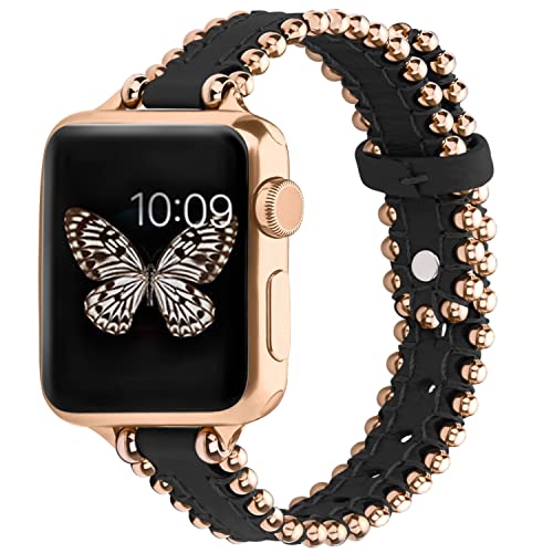 GerbGorb Apple Watch Armband Kompatibel mit Apple Watch 7 8 Armband 41mm,Apple Watch 6 5 4 SE SE2 Armband 40mm und Apple Watch 3 2 1 38mm Lederarmband mit Perlen Frauen Schwarz/Roségold von GerbGorb