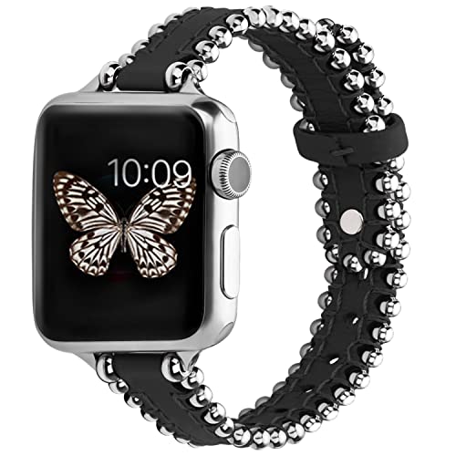 GerbGorb Apple Watch Armband Kompatibel mit Apple Watch 7 8 Armband 41mm,Apple Watch 6 5 4 SE SE2 Armband 40mm und Apple Watch 3 2 1 38mm Lederarmband mit Perlen Frauen Schwarz/Silber von GerbGorb