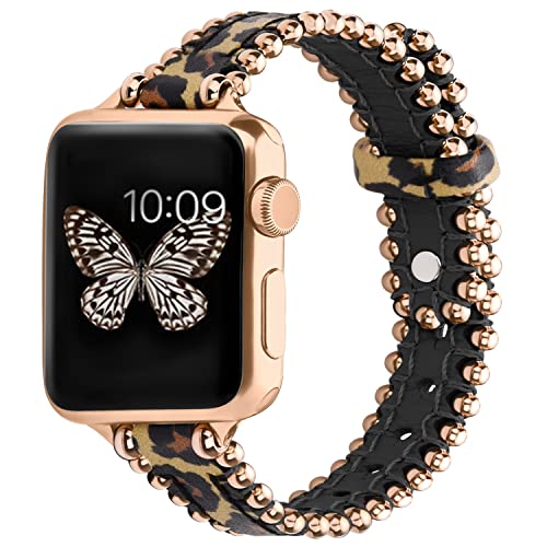 GerbGorb Apple Watch Armband Kompatibel mit Apple Watch 7 8 Armband 45mm, Apple Watch 6 5 4 SE SE2 Armband 44mm,Apple Watch 3 2 1 42mm, iWatch Ultra 49mm Lederarmband Leoparden-Print/Roségold von GerbGorb