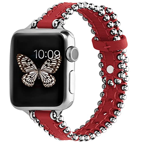 GerbGorb Apple Watch Armband Kompatibel mit Apple Watch 7 8 Armband 45mm, Apple Watch 6 5 4 SE SE2 Armband 44mm,Apple Watch 3 2 1 42mm, iWatch Ultra 49mm Lederarmband Perlen Frauen Rot/Silber von GerbGorb