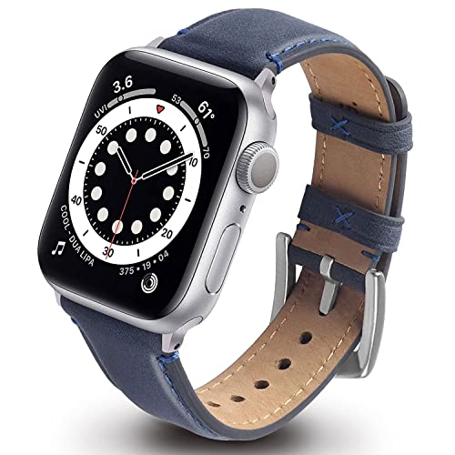 GerbGorb Apple Watch Armband Leder Kompatibel mit Apple Watch Armband 41mm 40mm 38mm Leder Ersatzarmband mit iWatch Serie SE SE2 8 7 6 5 4 3 2 1 Business Damen Herren Blau/Silberne Schnalle von GerbGorb